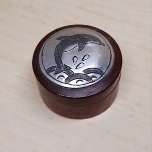 Beautiful Dark Wooden Trinket Box with Metal Etched Jumping Dolphin Design